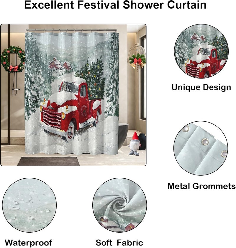 YOSTEV Red Truck Christmas Shower Curtains for Bathroom Decoration Christmas Tree Shower Curtain Winter Vintage Rustic Retro Farmhouse Bathroom Curtain Xmas Pine Fabric Cloth Bath Curtain 72x72 Inch - Image 3